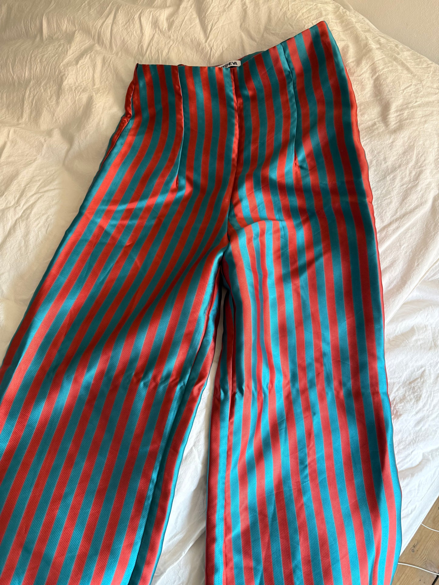 Batsheva Red Blue Stripe Ruffle Trousers