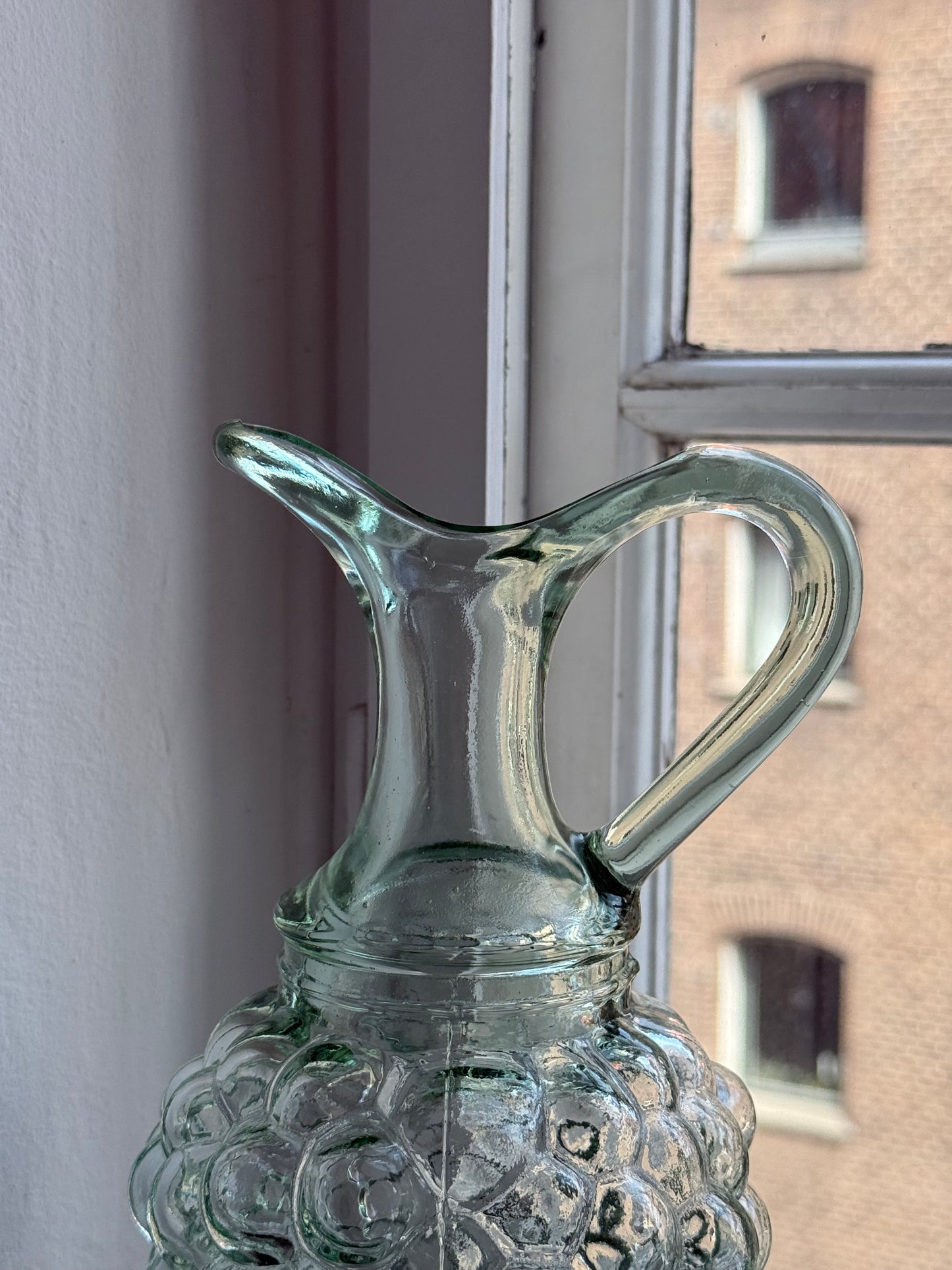 Vintage Green Glass Decanter with Grape Design