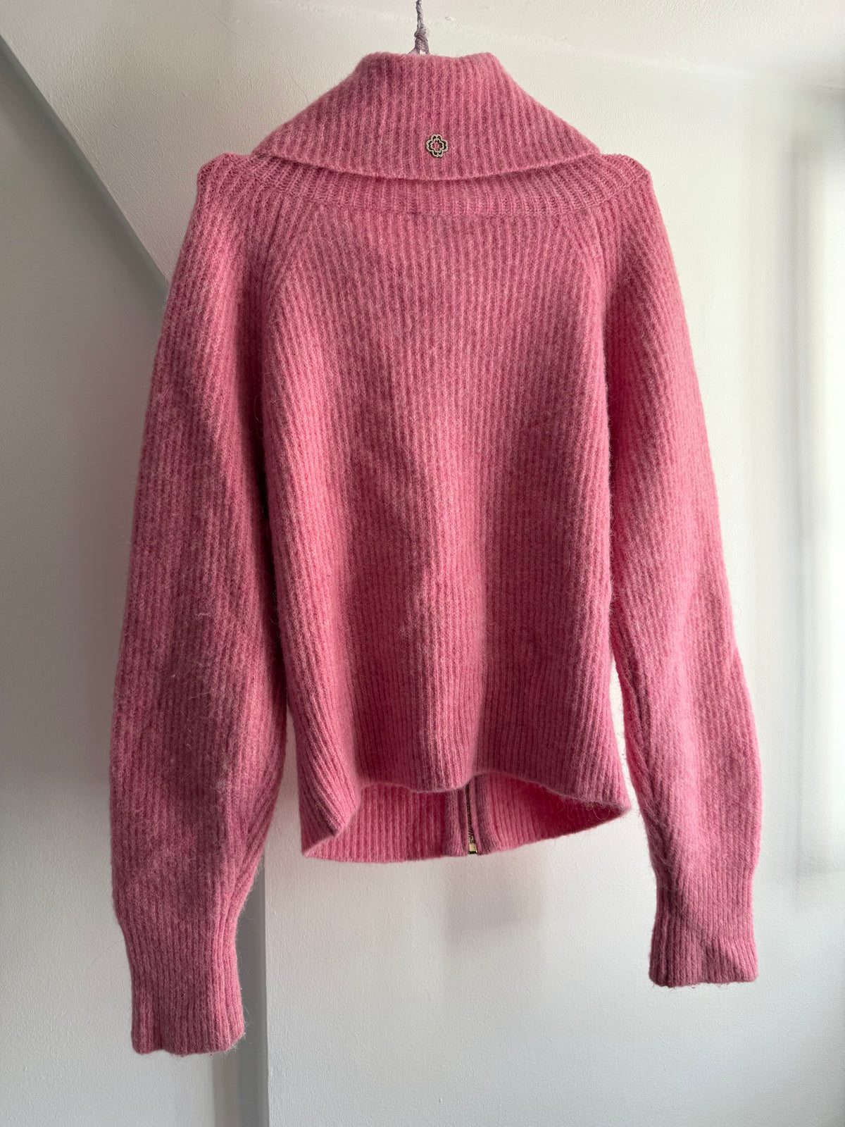 Maje Pink Alpaca Wool Blend High Collar Zip Cardigan