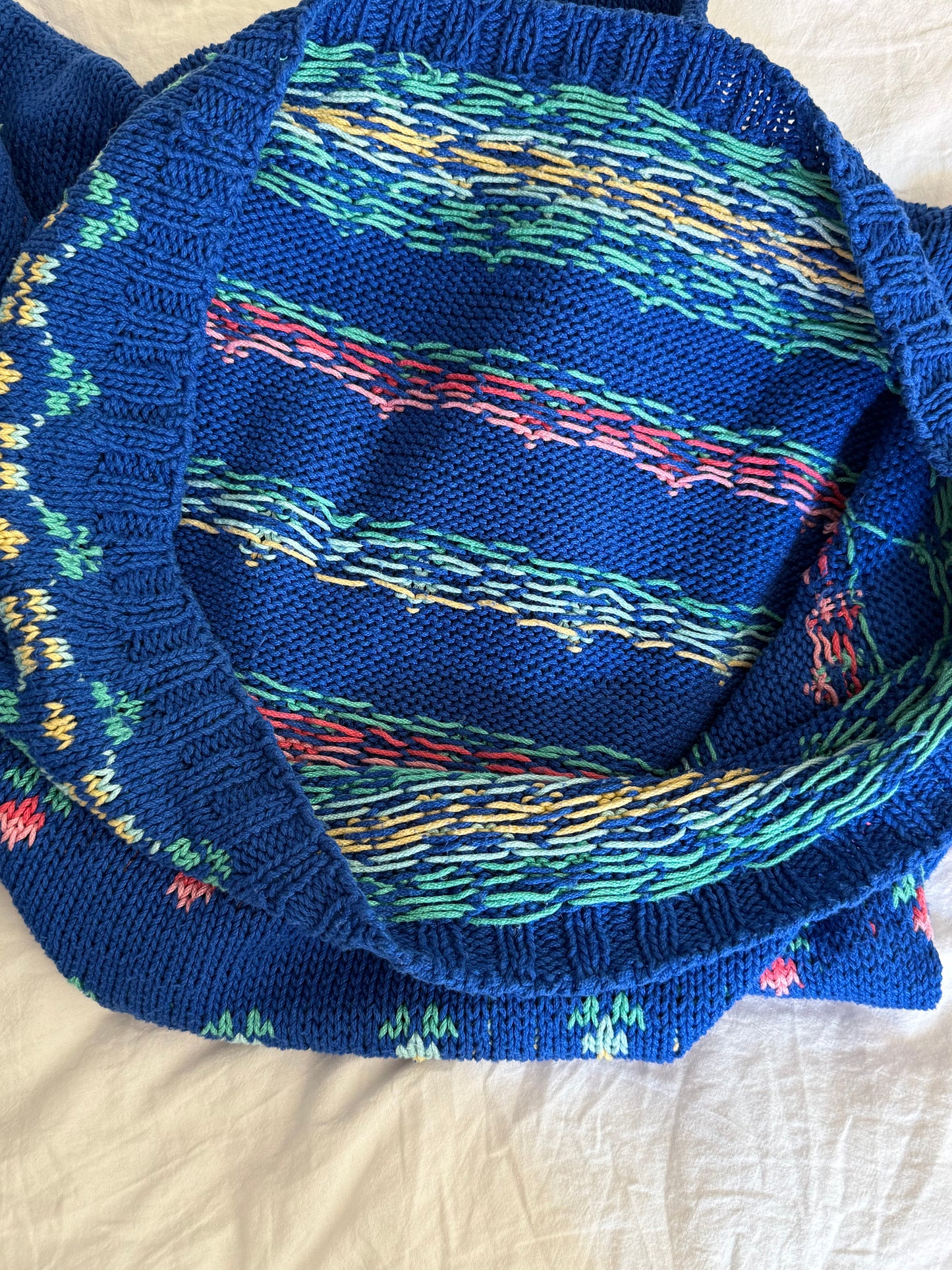 Vintage Hand Knit Blue Tulip Sweater With Folk Pattern