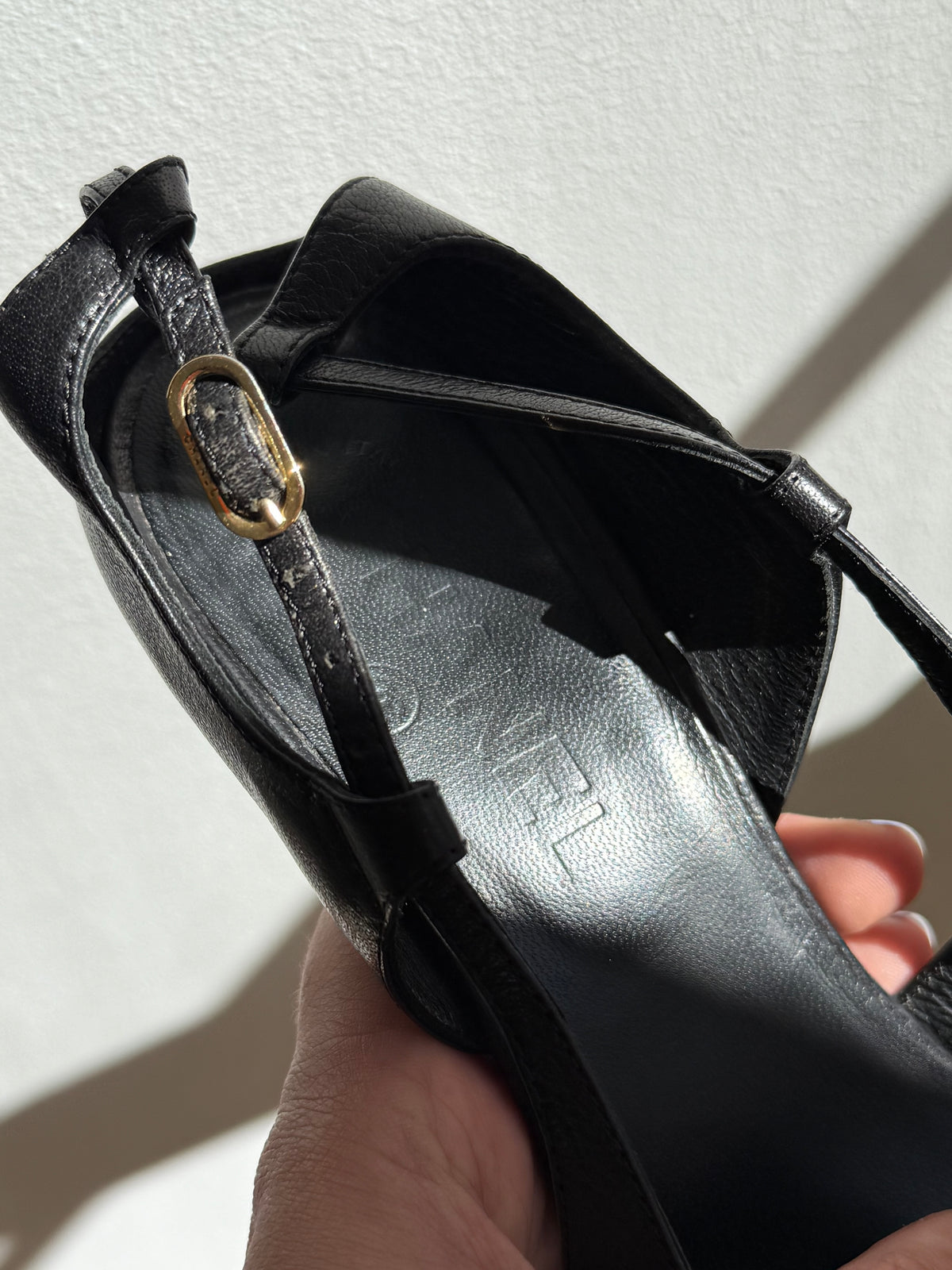 Vintage Chanel Black Leather & Gold CC Sculptural Heel Slingback Pumps