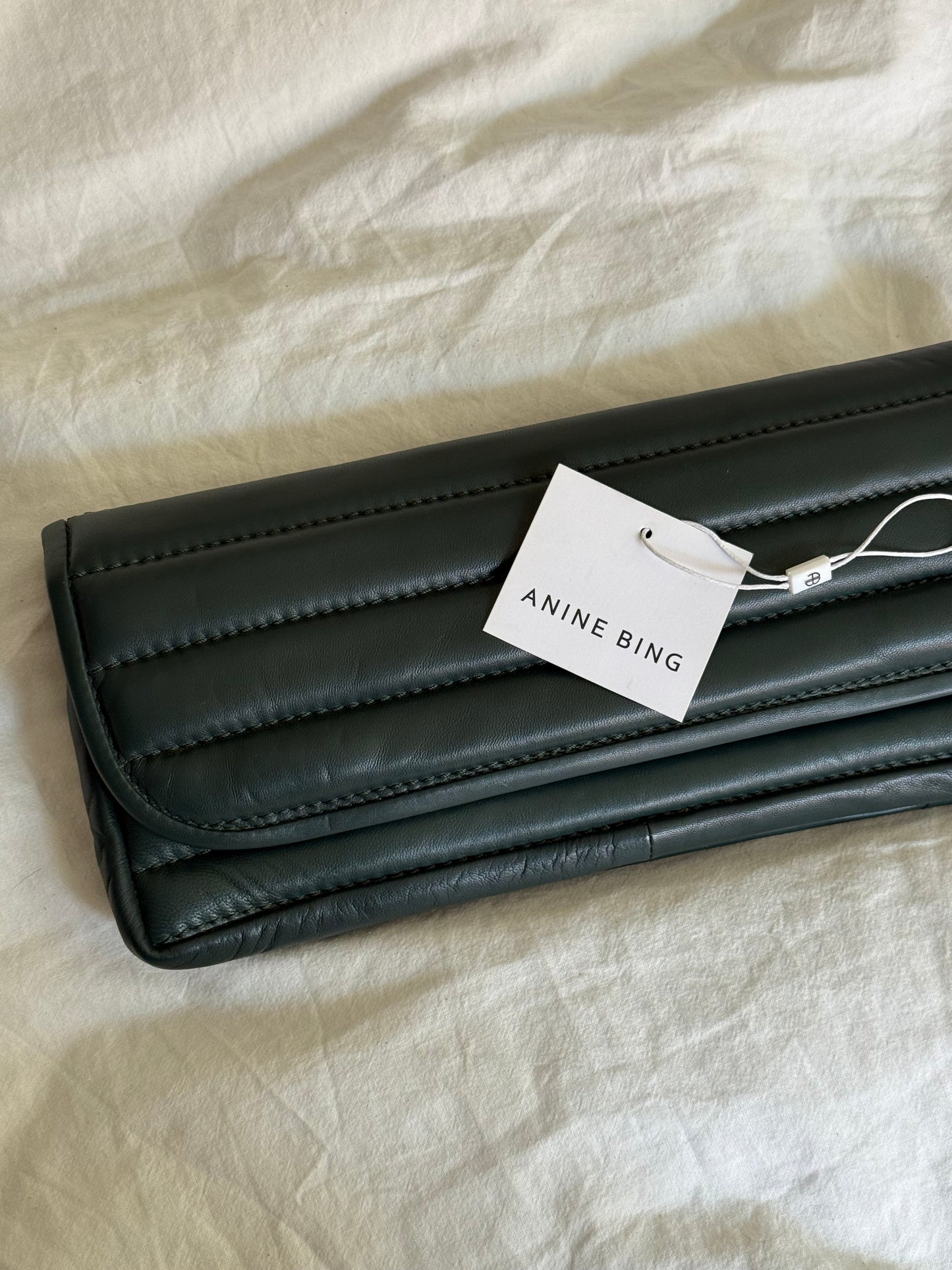 ANINE BING Dark Green Quilted Leather Clutch