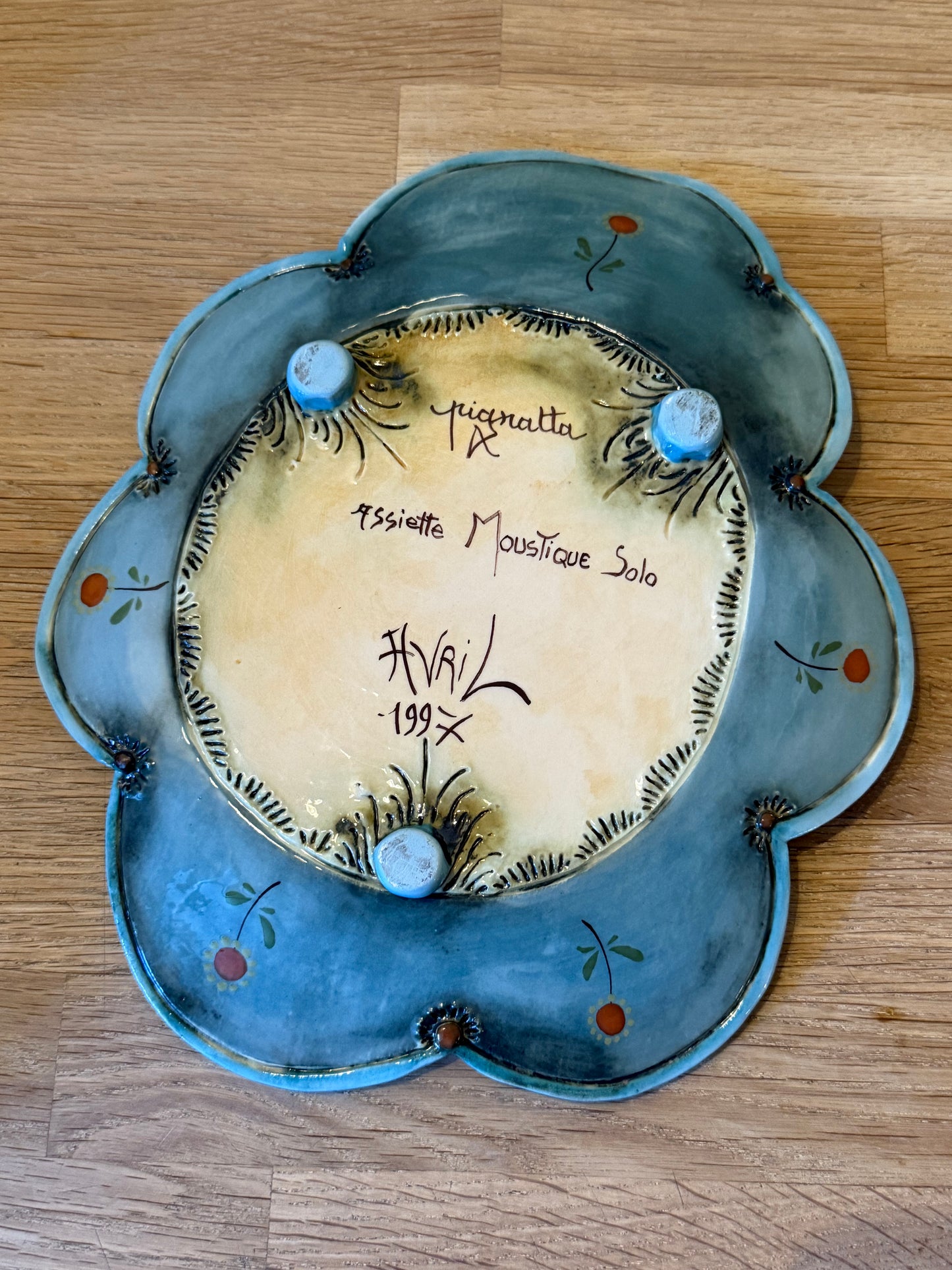 Vintage 1997 Véronique Pignatta Hand Painted Ceramic Plate with Flower and Mosquito