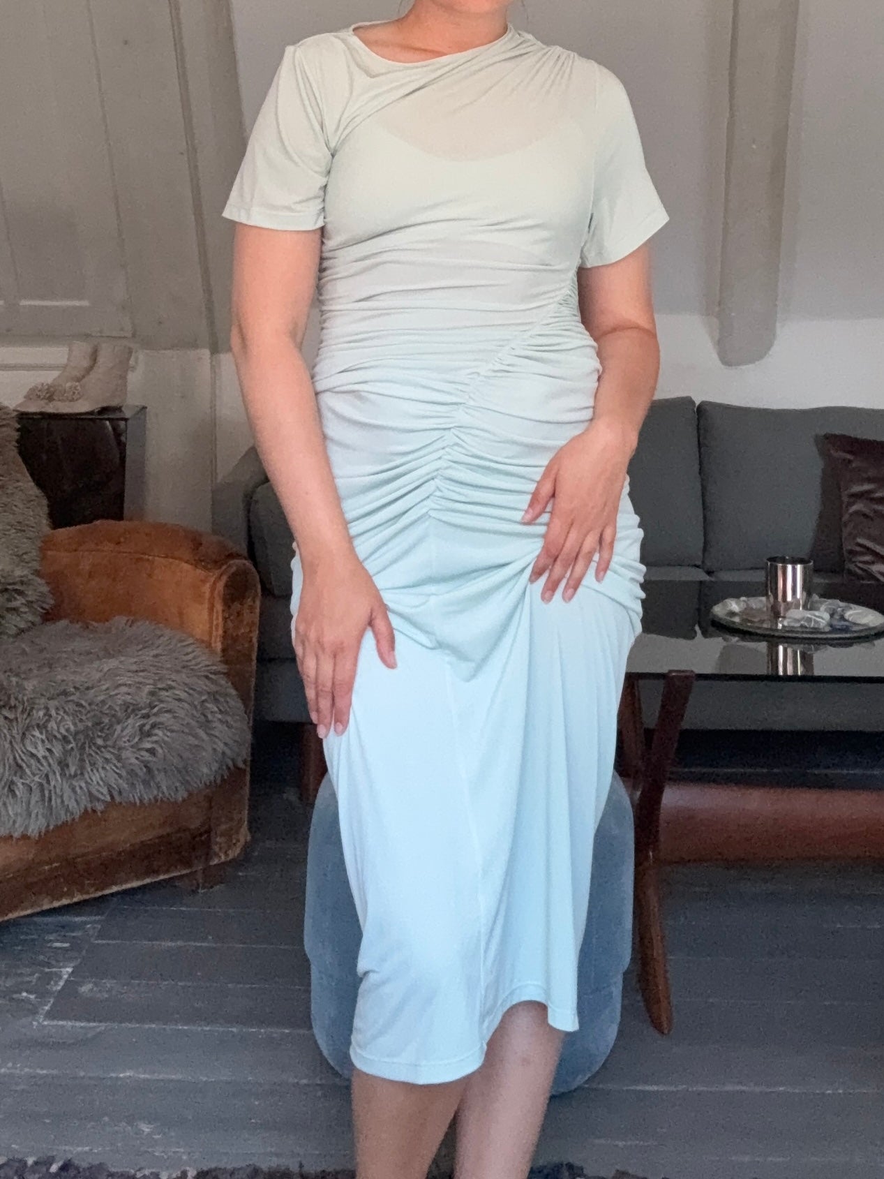 KHY Mint Asymmetrical Maxi Dress with Ruched Details