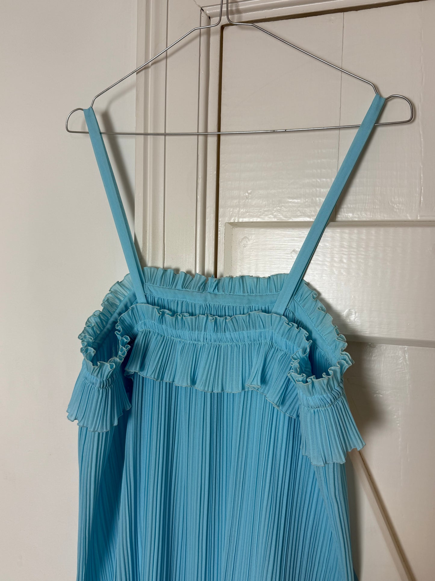 Vintage Aqua Pleated Maxi Dress with Ruffle Neckline
