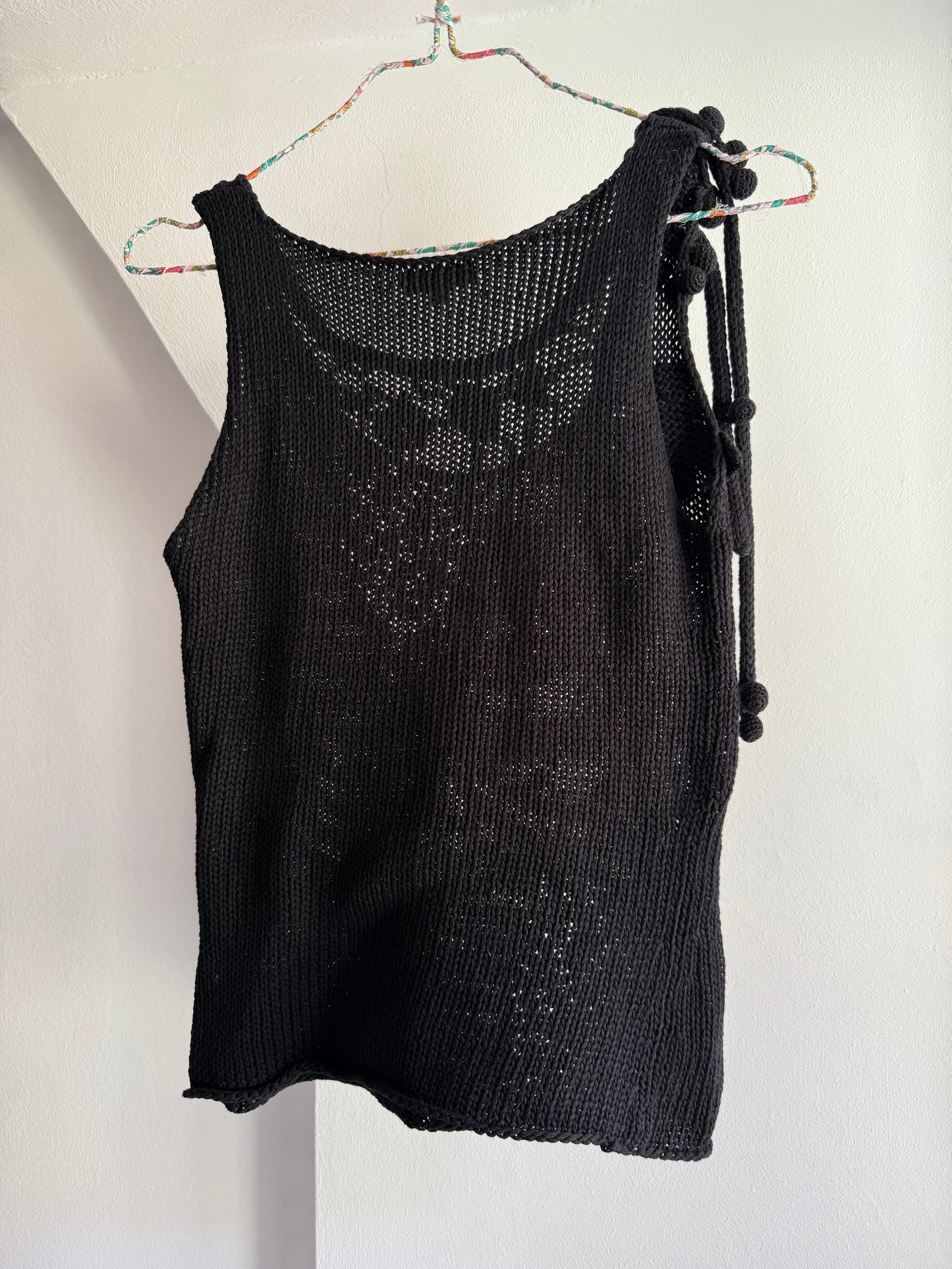 Rare Vintage Kenzo Black Knit Tank with Sculptural Crochet Details