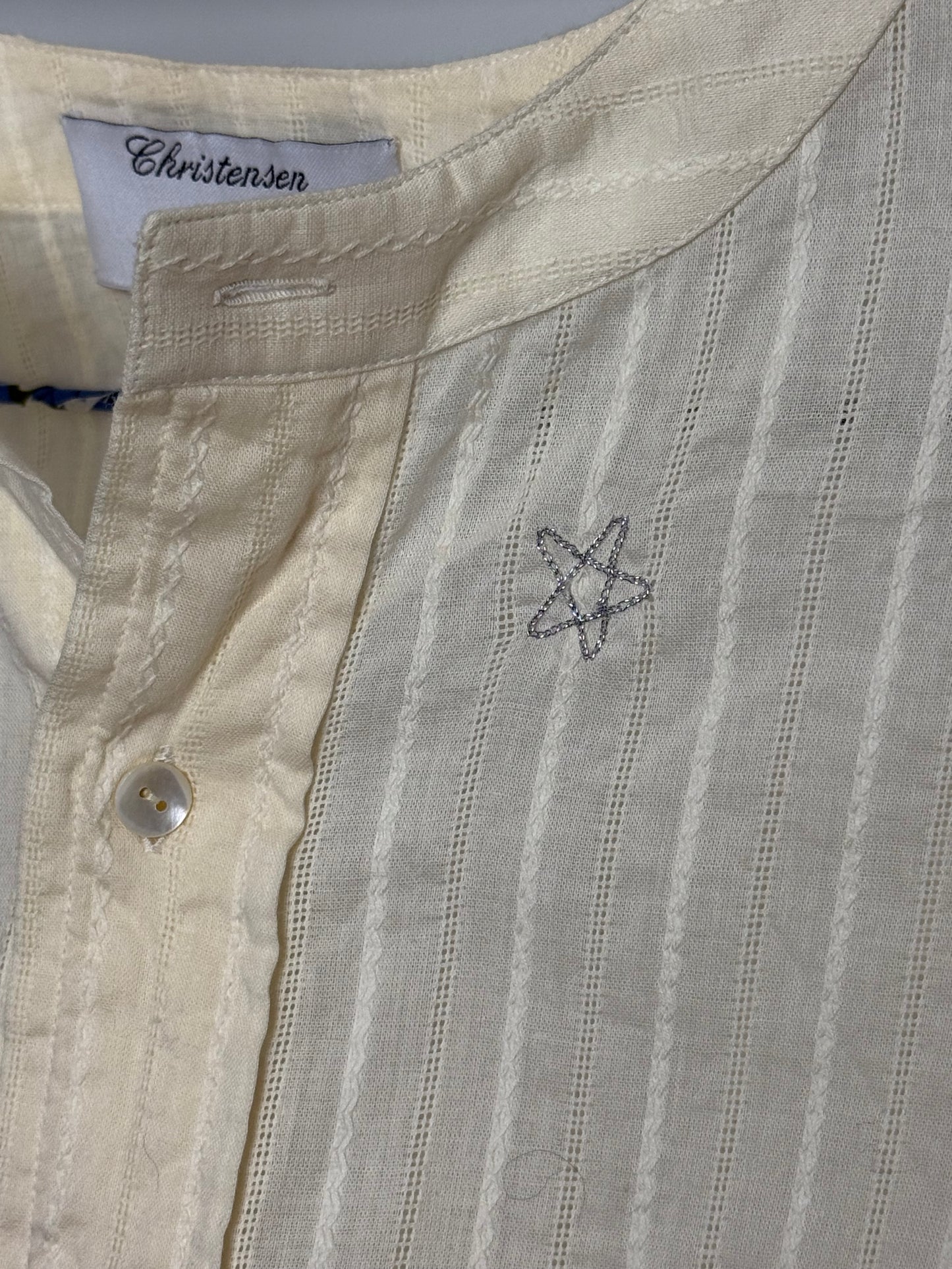 Christensen x Sigersen Cream Textured Cotton Blouse with Cropped Sleeves and Embroidered Star Detail