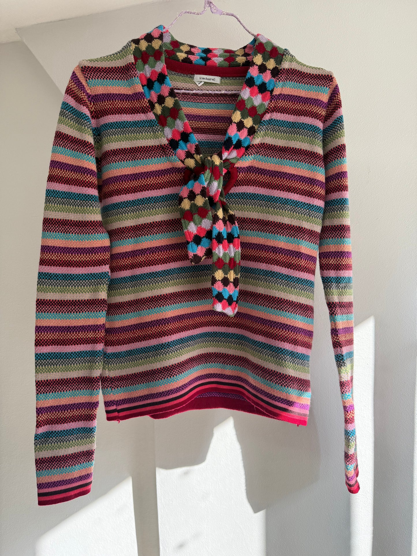 Vintage Rare Cacharel Rainbow Stripe Wool Blend Knit Top With Diamond Tie Scarf Detail