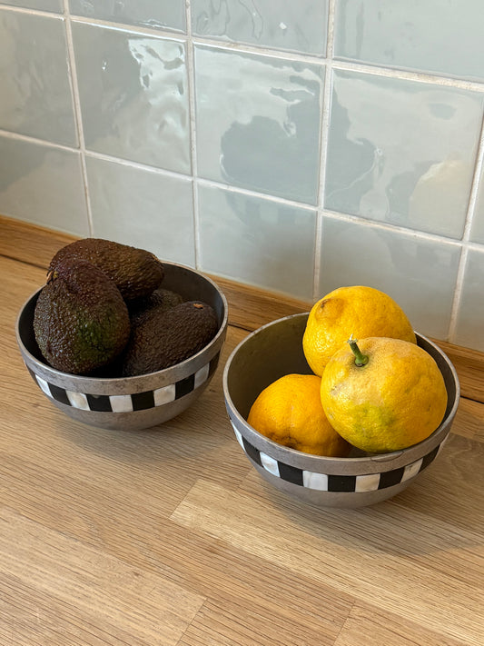 Vintage Metal Bowls With Black and White Inlay Set of Two Decorative Serving Bowls
