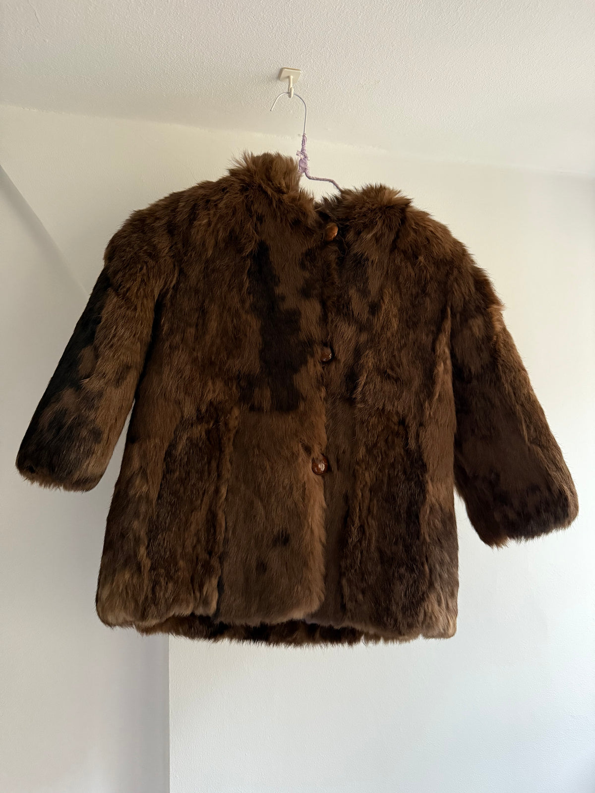 Vintage Children’s Fur Coat with Hoodie and Wood Buttons
