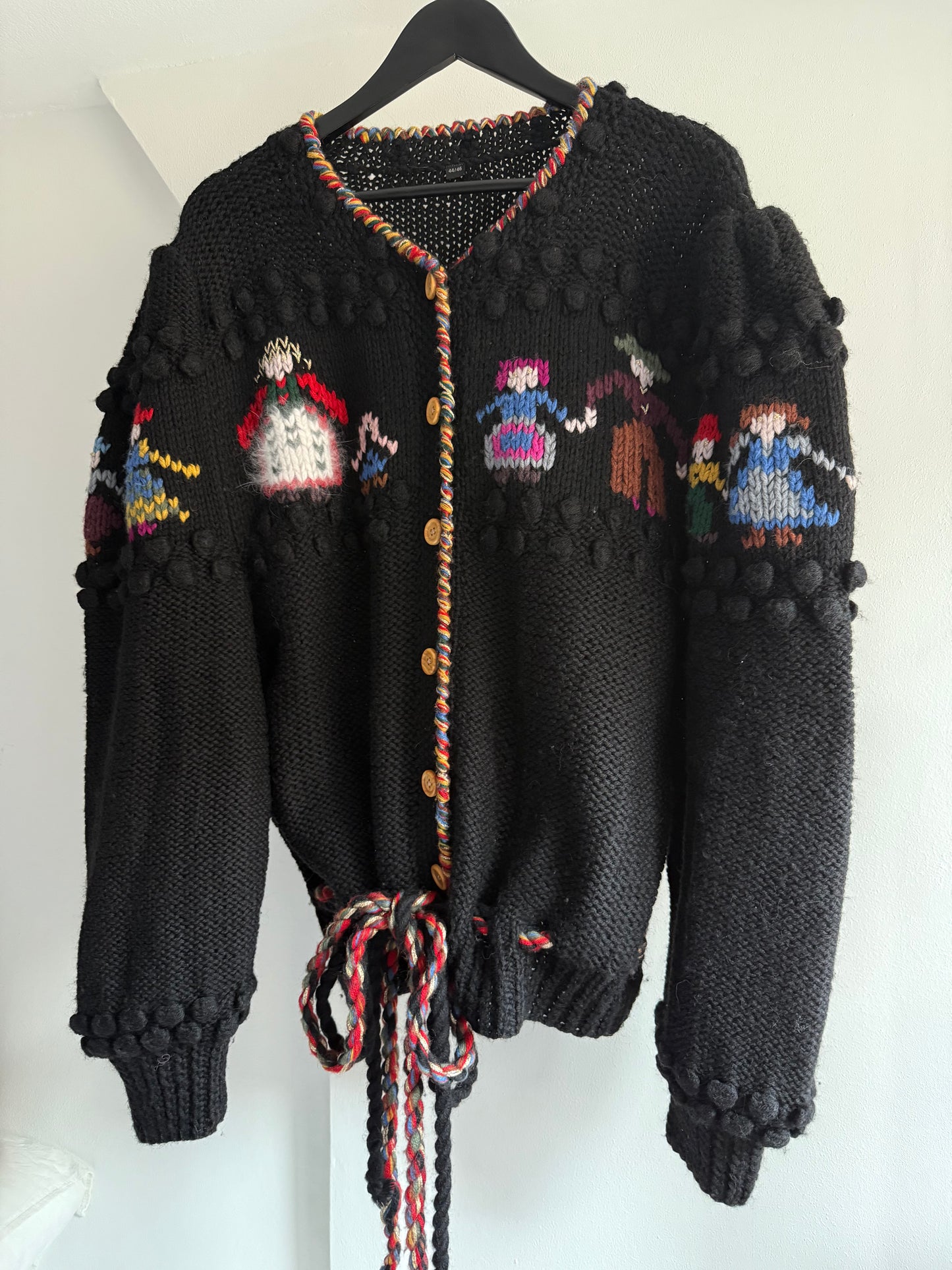 Vintage Knit Folk Art Ckunky Cardigan With Village Motif
