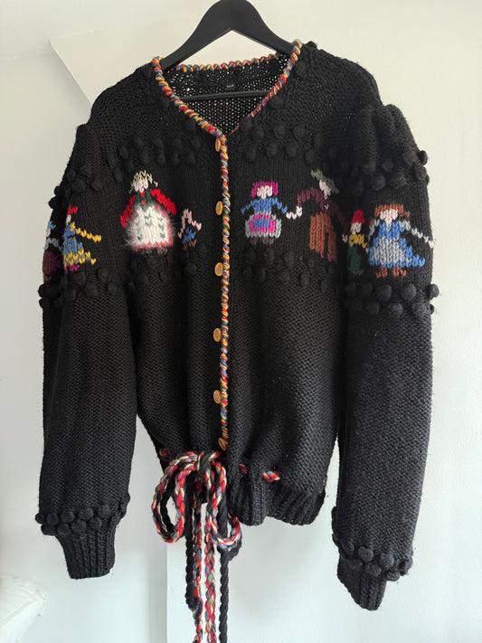Vintage Knit Folk Art Ckunky Cardigan With Village Motif