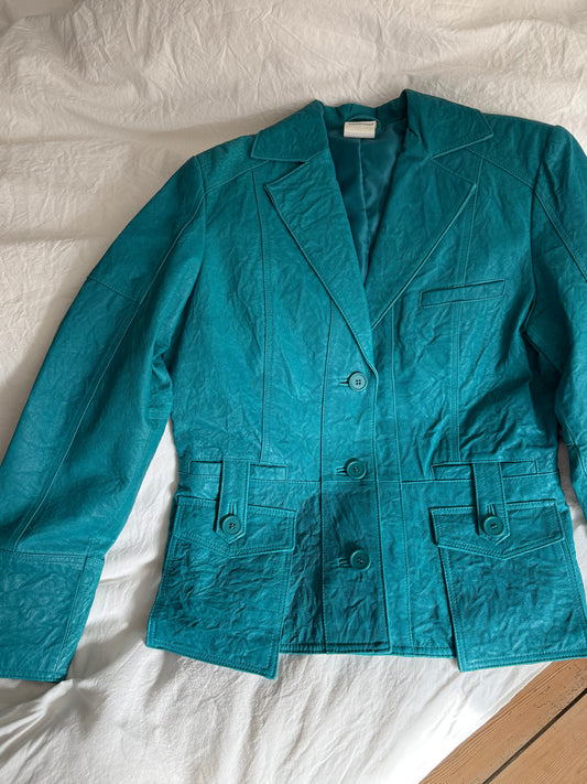 Vintage Turquoise Leather Jacket with Structured Fit and Utility Pockets