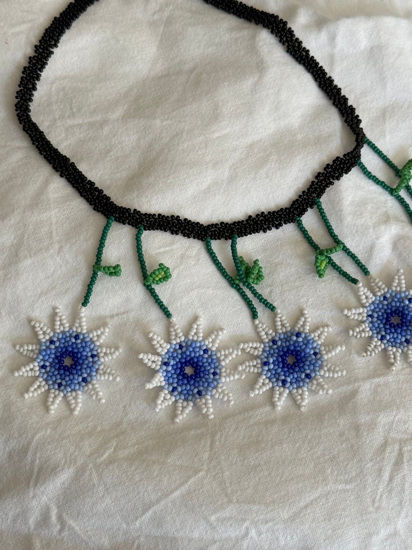 Vintage Hand Beaded Blue Daisy Statement Necklace