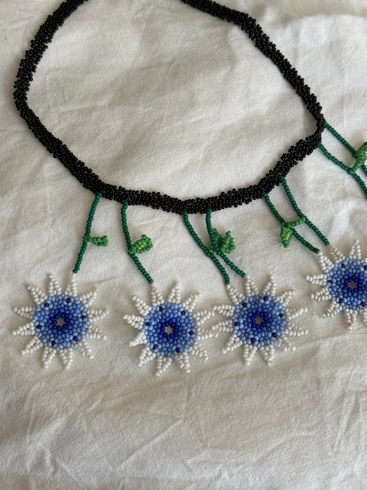 Vintage Hand Beaded Blue Daisy Statement Necklace