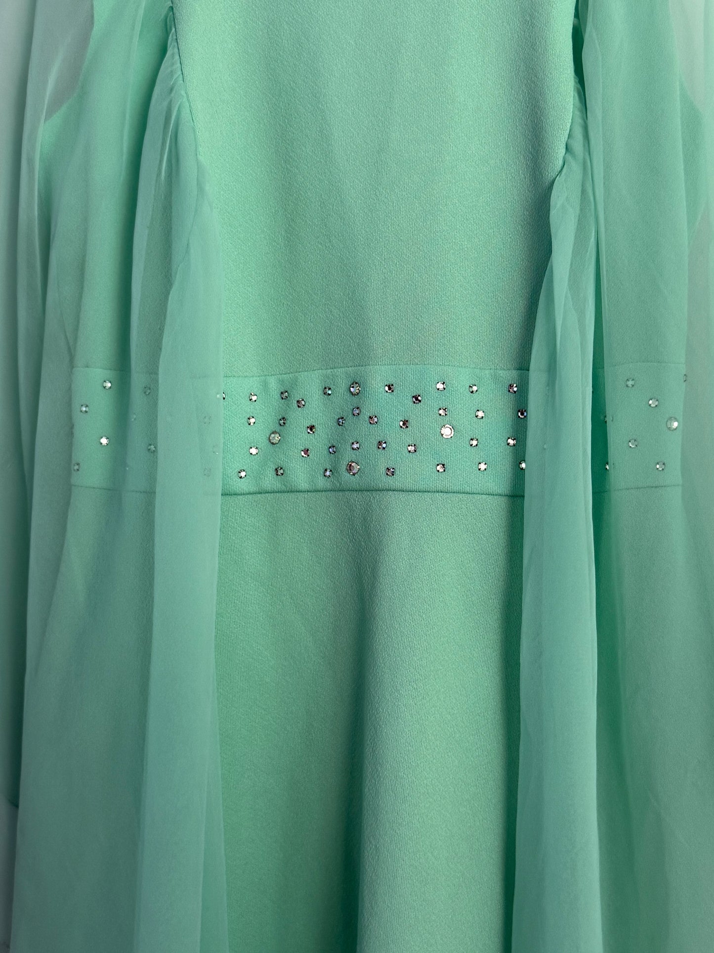 Vintage 60s-70s Mint Green Chiffon Cape Maxi Dress with Rhinestones