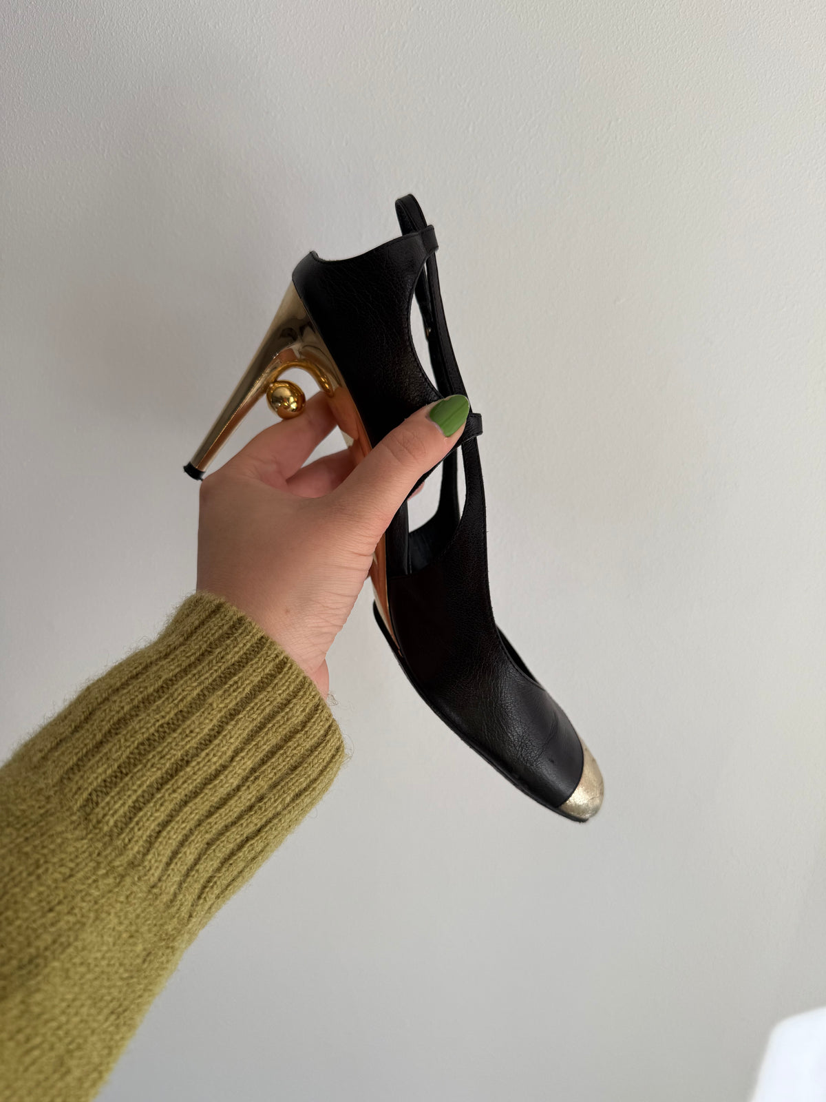 Vintage Chanel Black Leather & Gold CC Sculptural Heel Slingback Pumps