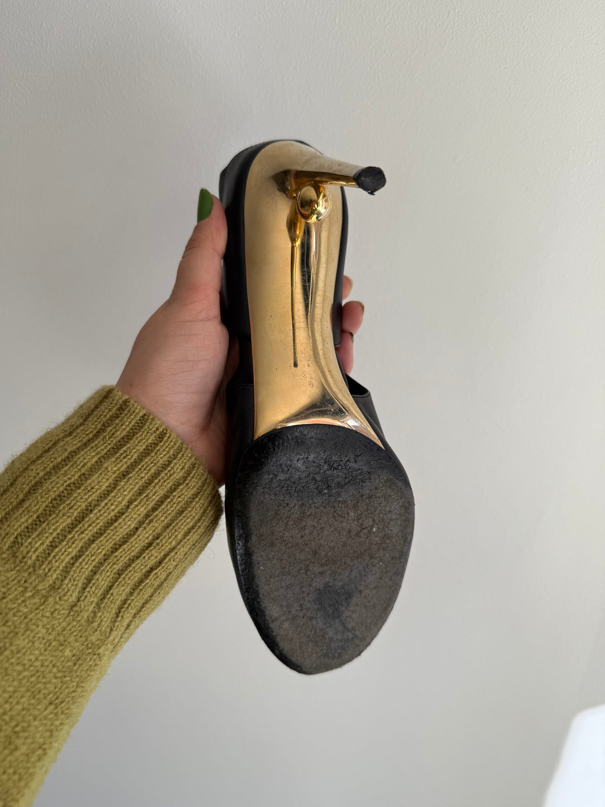 Vintage Chanel Black Leather & Gold CC Sculptural Heel Slingback Pumps