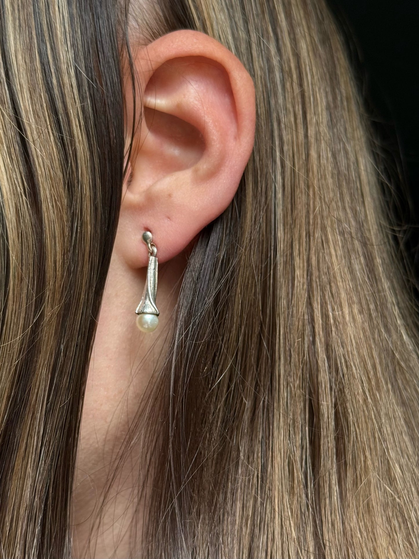 Vintage Silver Floral Drop Earring with Pearl Detail