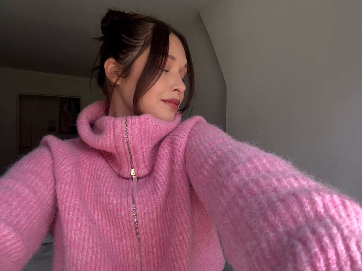 Maje Pink Alpaca Wool Blend High Collar Zip Cardigan