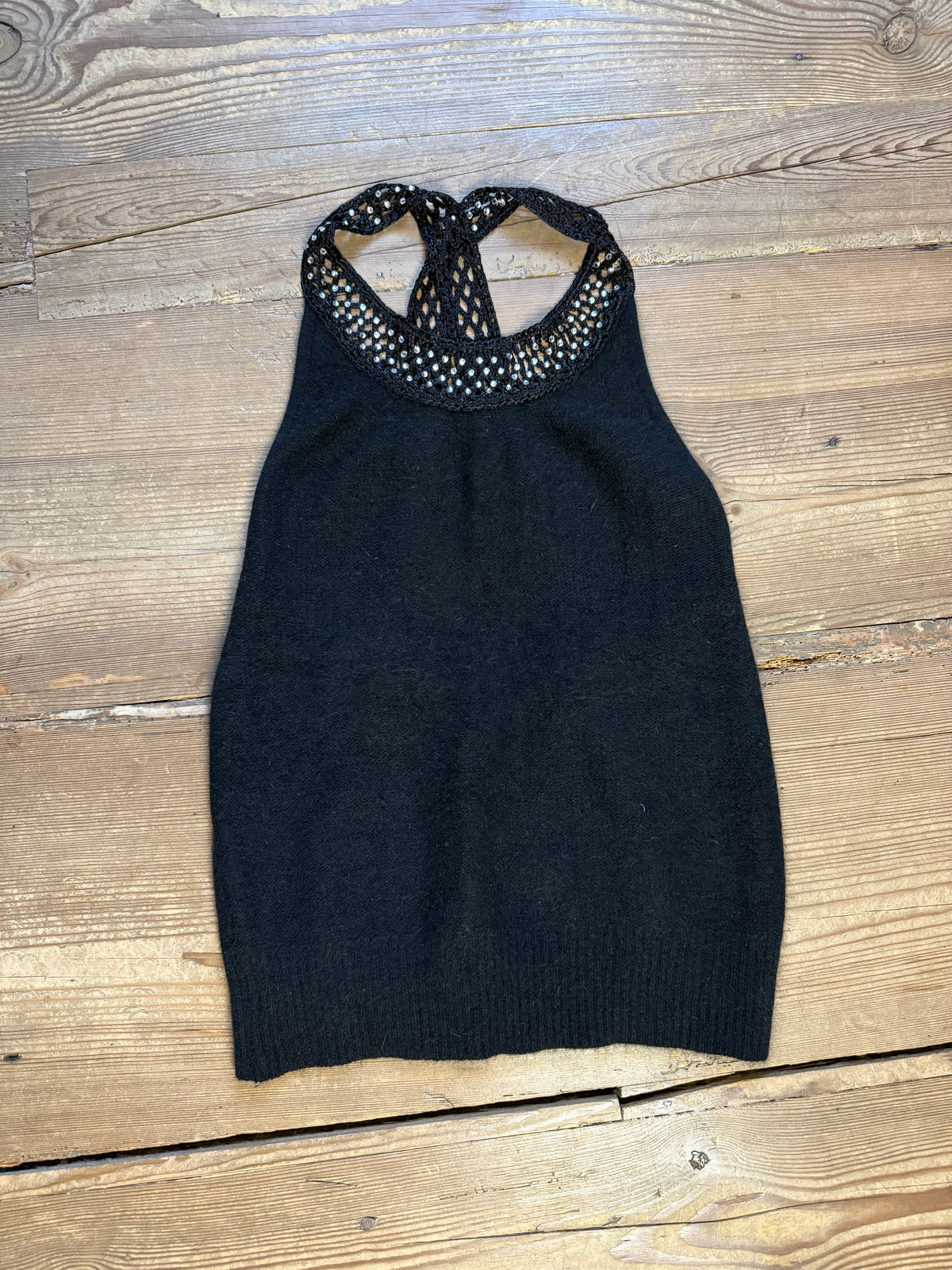 Vintage Black Top with Rhinestones and a Cross-Back Design