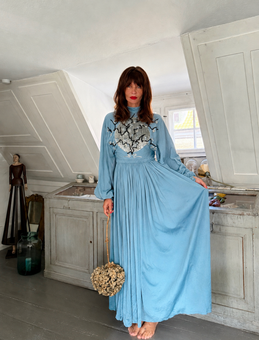 Vintage Rare Jean Varon Sky Blue Maxi Dress with Appliqué Details