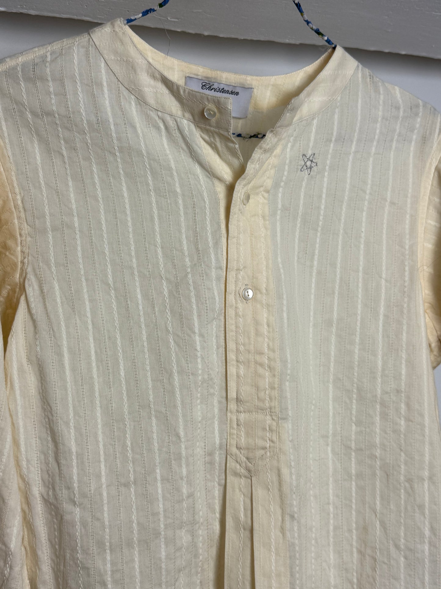 Christensen x Sigersen Cream Textured Cotton Blouse with Cropped Sleeves and Embroidered Star Detail