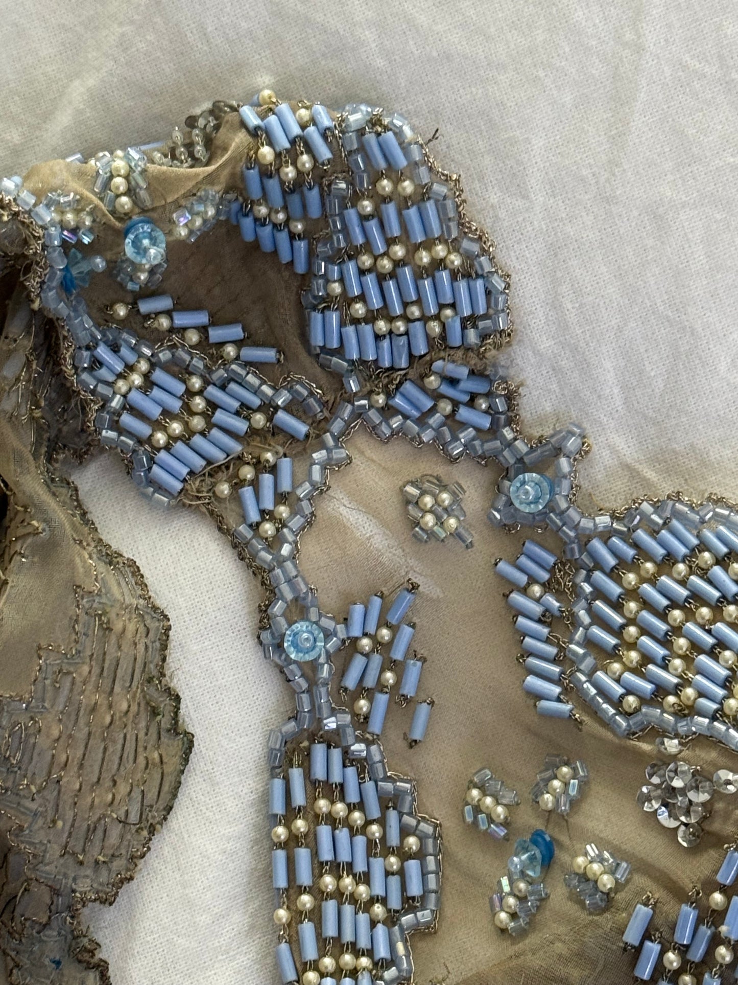 Rare Hand Beaded Vintage Cocktail Dress in Soft Nude and Blue