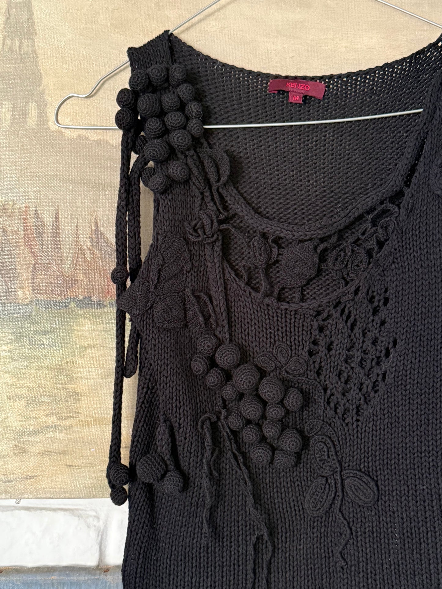 Rare Vintage Kenzo Black Knit Tank with Sculptural Crochet Details