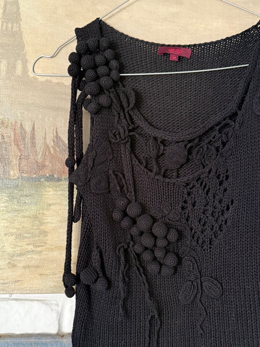 Rare Vintage Kenzo Black Knit Tank with Sculptural Crochet Details