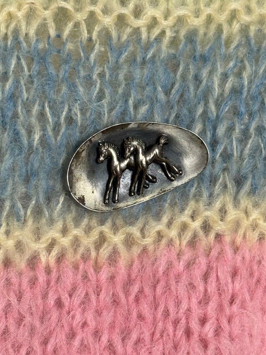 Vintage Silver Tone Shell Shaped Brooch with Twin Horse Motif