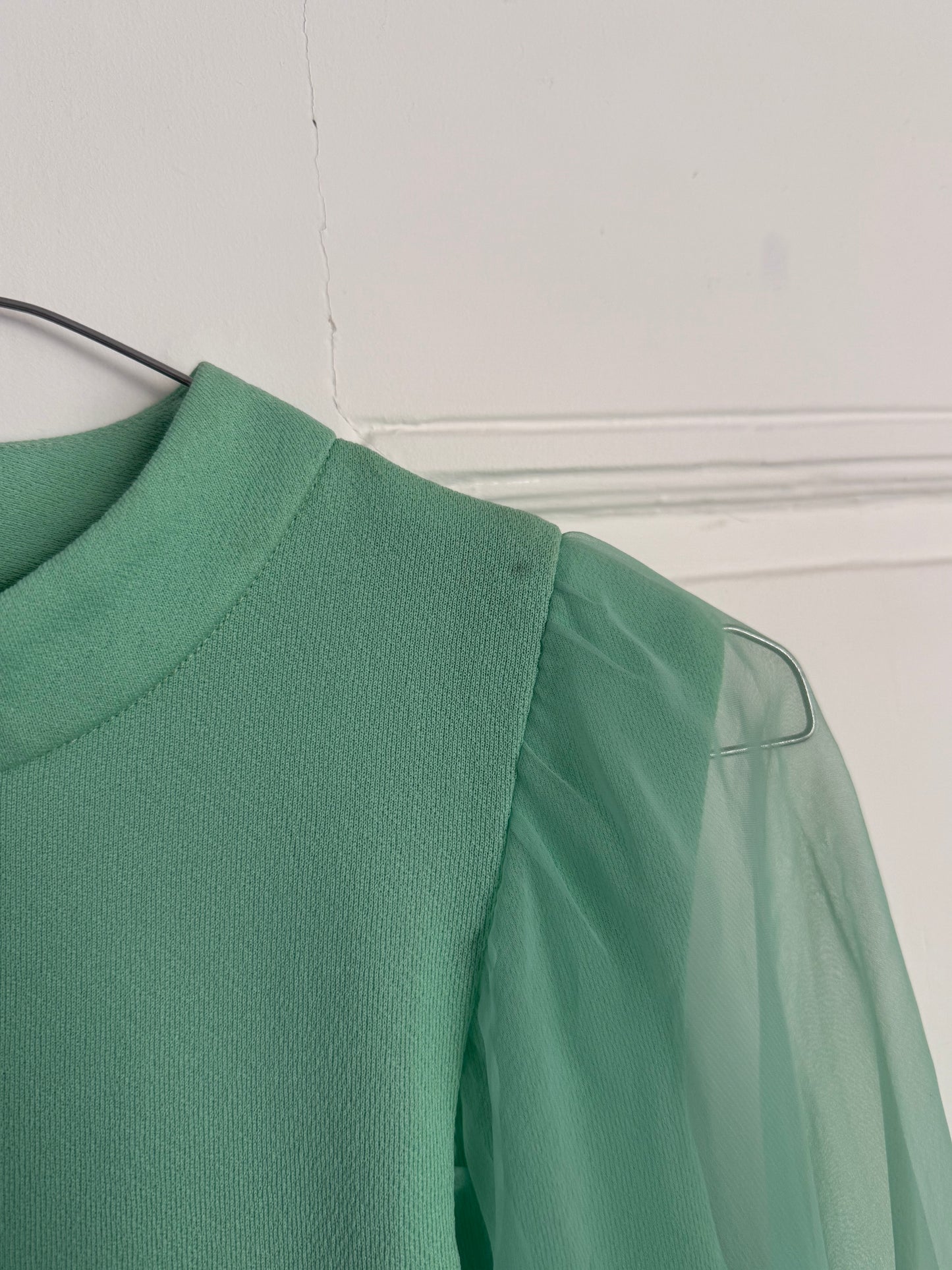Vintage 60s-70s Mint Green Chiffon Cape Maxi Dress with Rhinestones