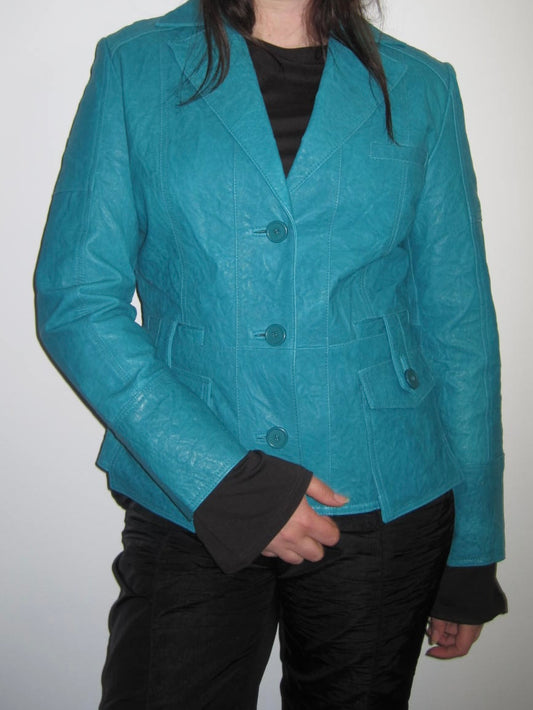 Vintage Turquoise Leather Jacket with Structured Fit and Utility Pockets