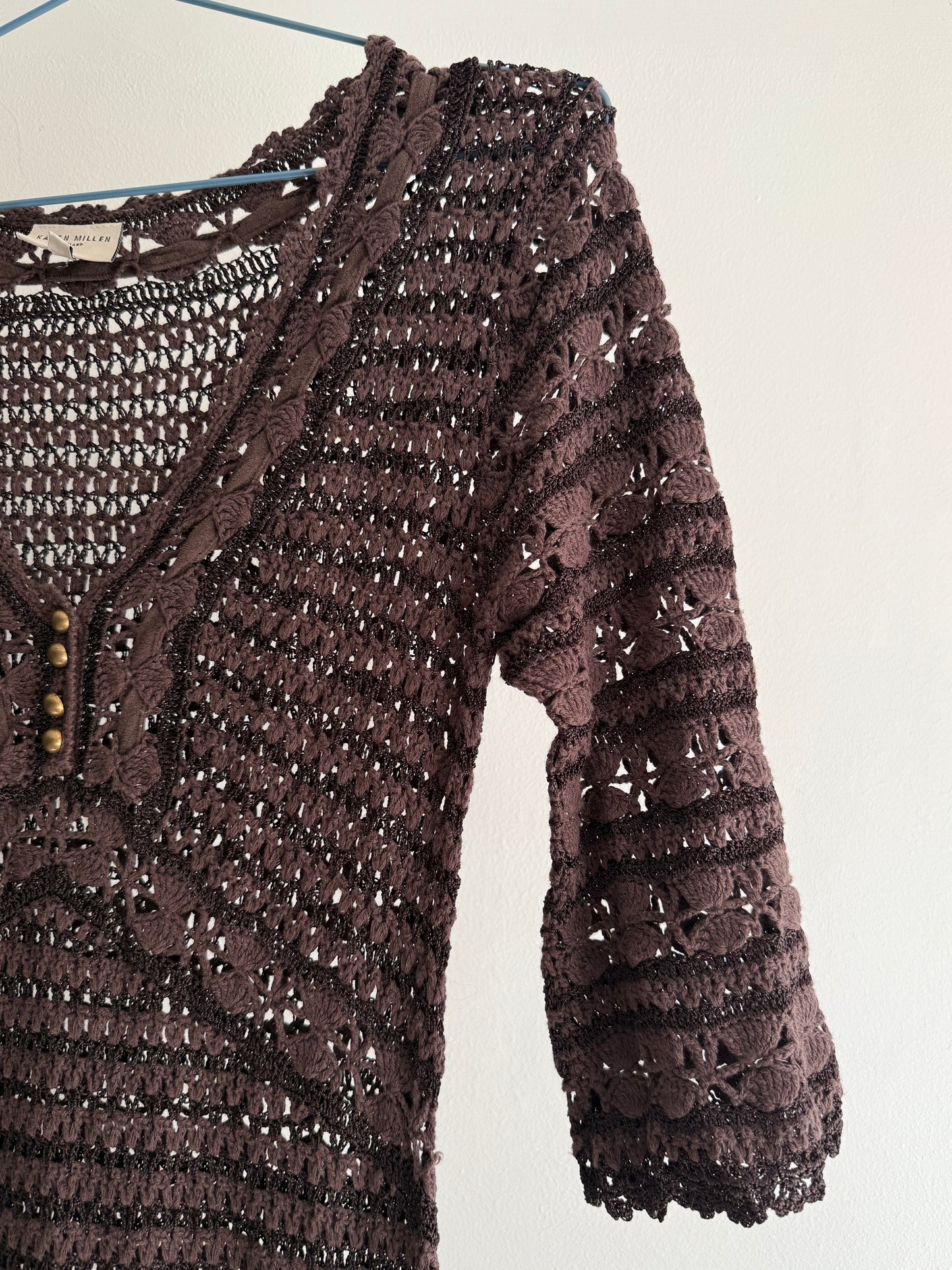 Vintage Karen Millen Brown Crochet Lace Knit Midi Dress