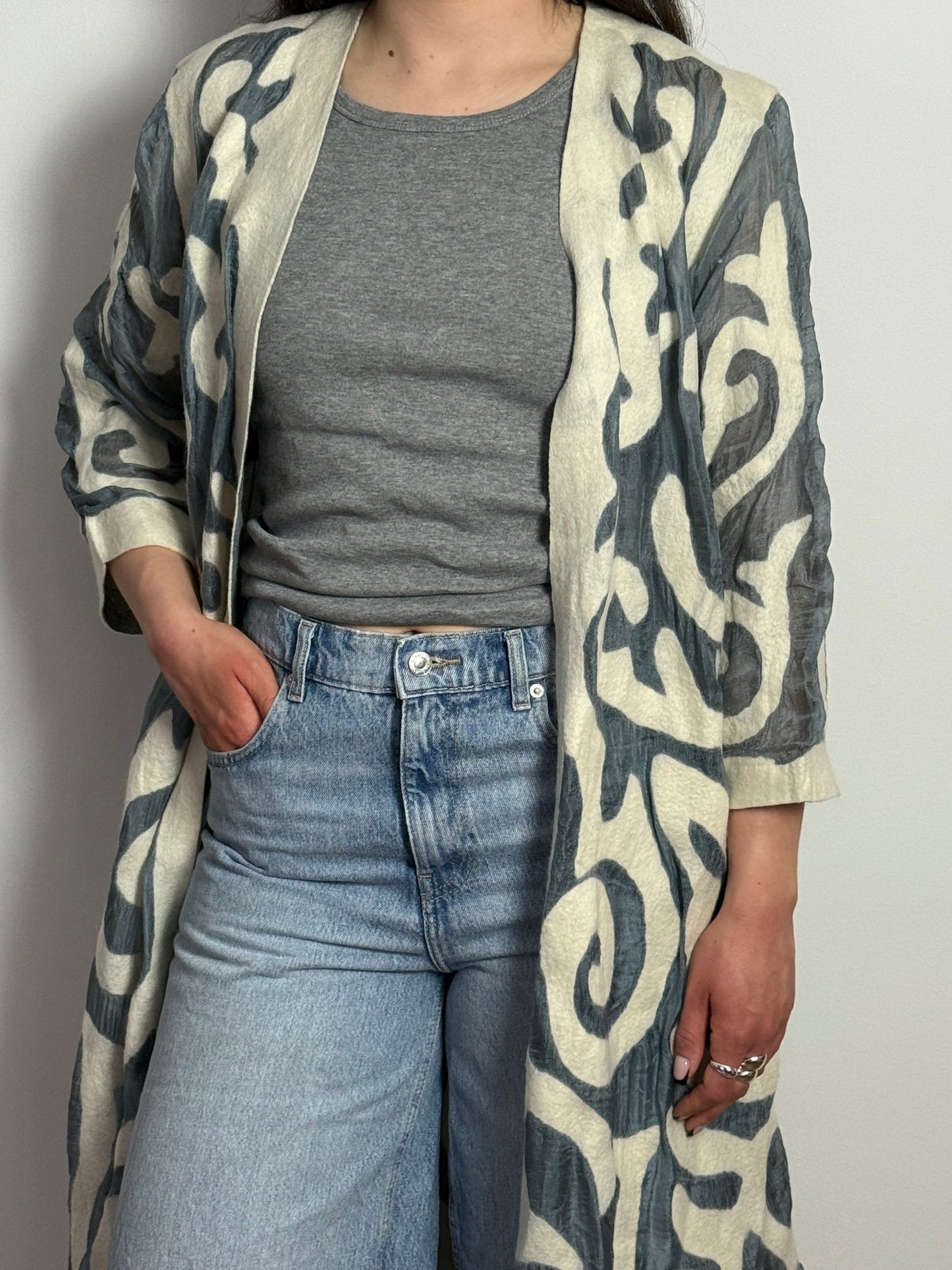 Vintage Long Kimono with Abstract Appliqué Detailing