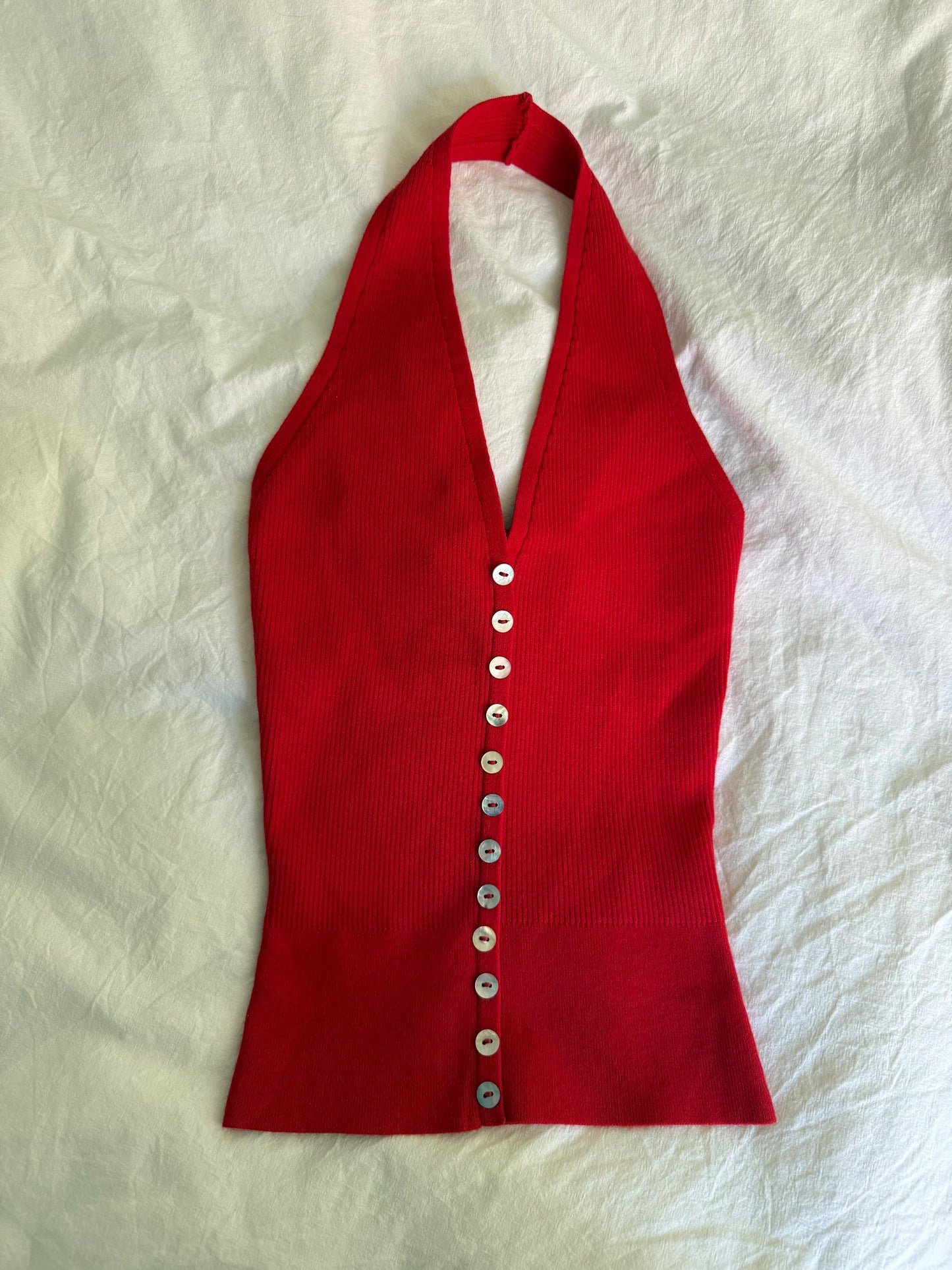 Rouje Bright Red Halterneck Top with Mother of Pearls Buttons
