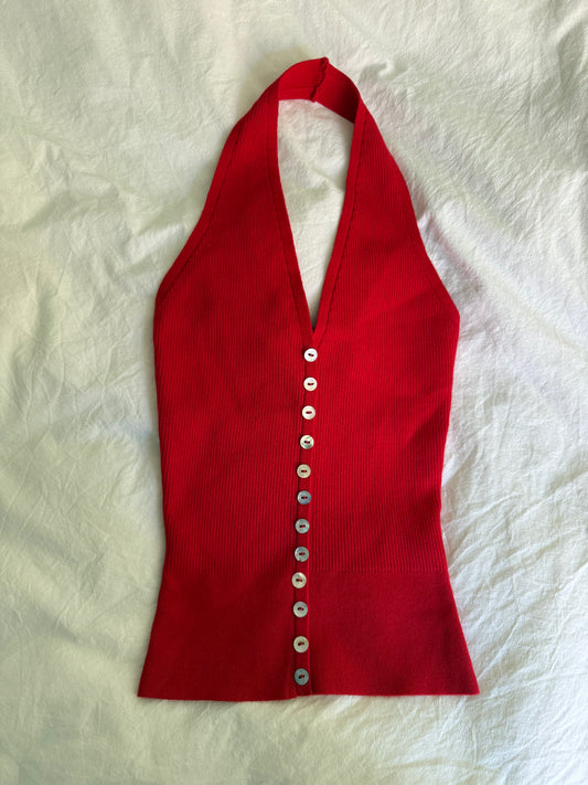 Rouje Bright Red Halterneck Top with Mother of Pearls Buttons