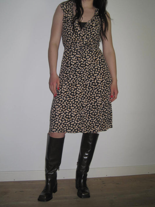 Rouje Floral Wrap Midi Dress with Soft Yellow Ditsy Print and Defined Waistband