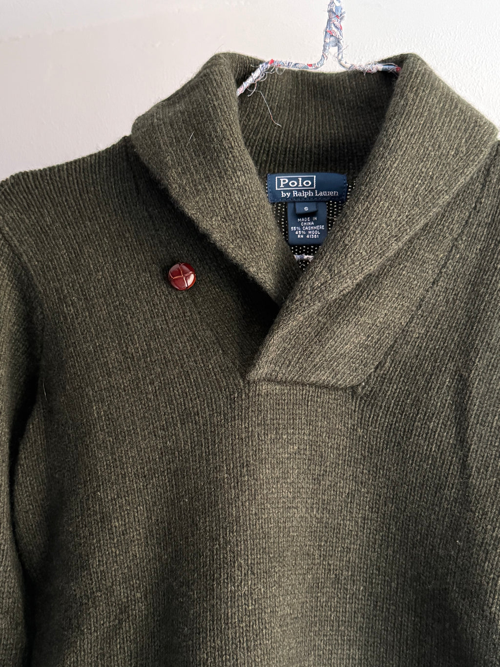 Ralph Lauren Olive Cashmere and Wool Blend Shawl Collar Sweater