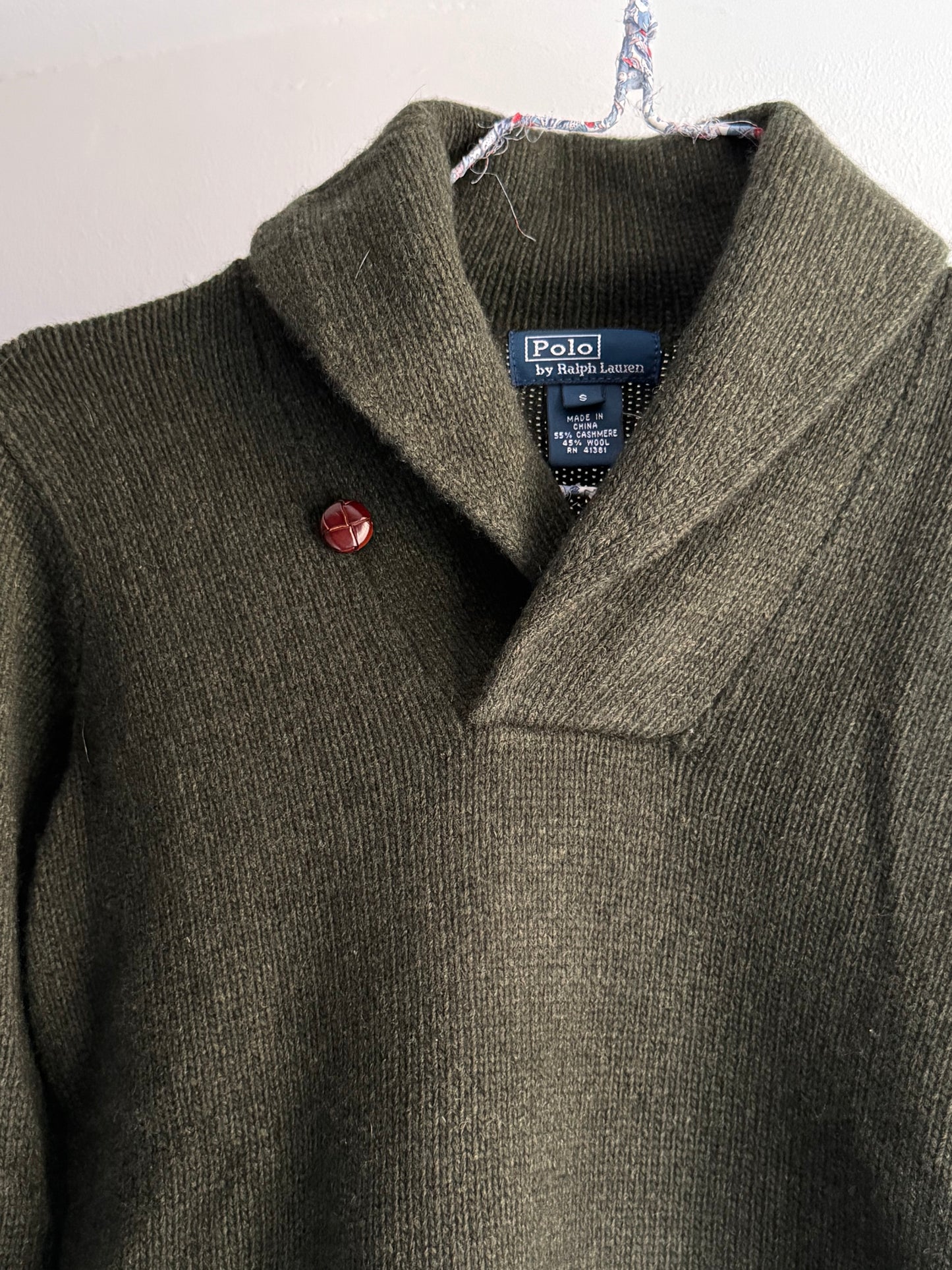 Ralph Lauren Olive Cashmere and Wool Blend Shawl Collar Sweater
