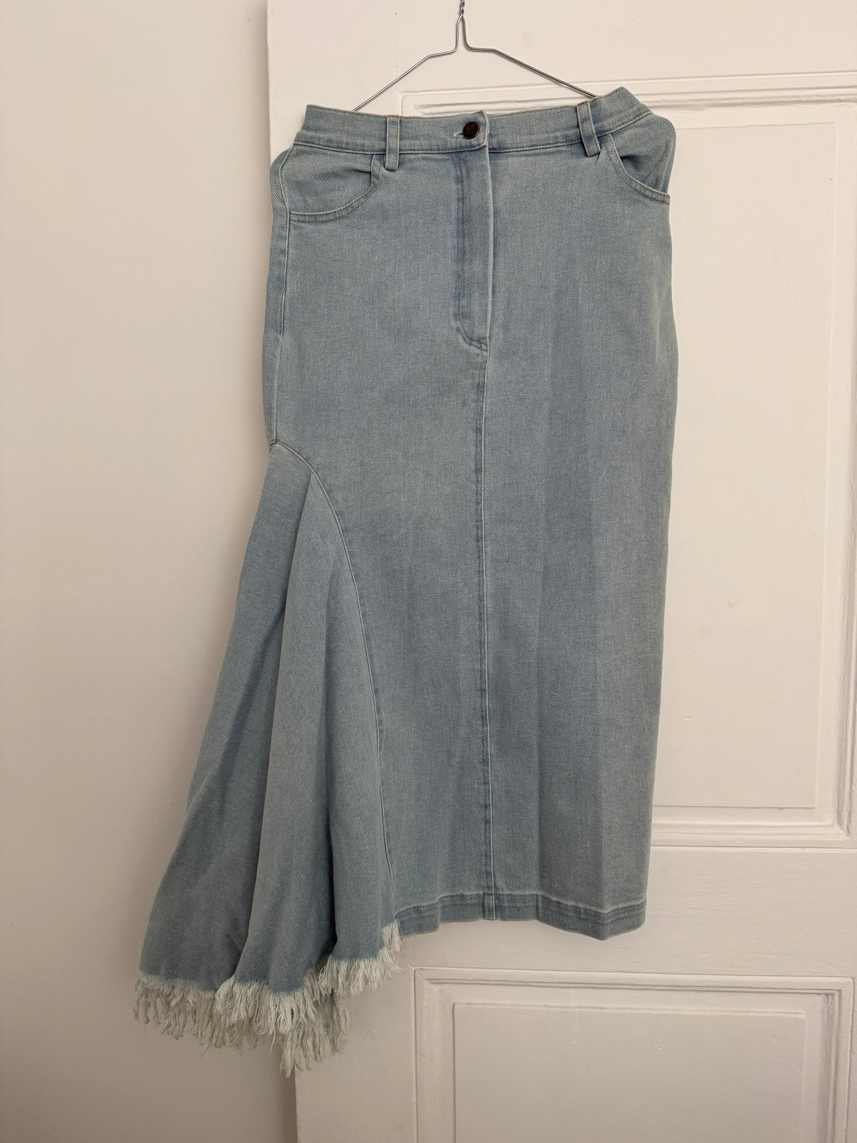 Naya Rea Asymmetric Flared Denim Midi Skirt