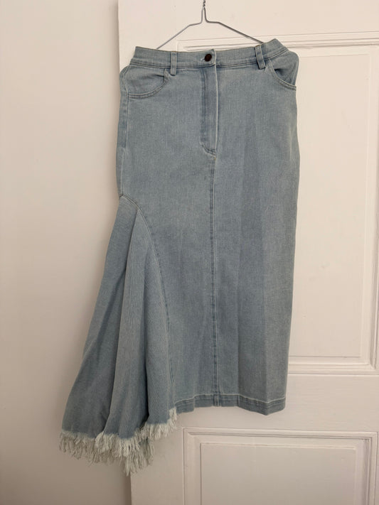 Naya Rea Asymmetric Flared Denim Midi Skirt