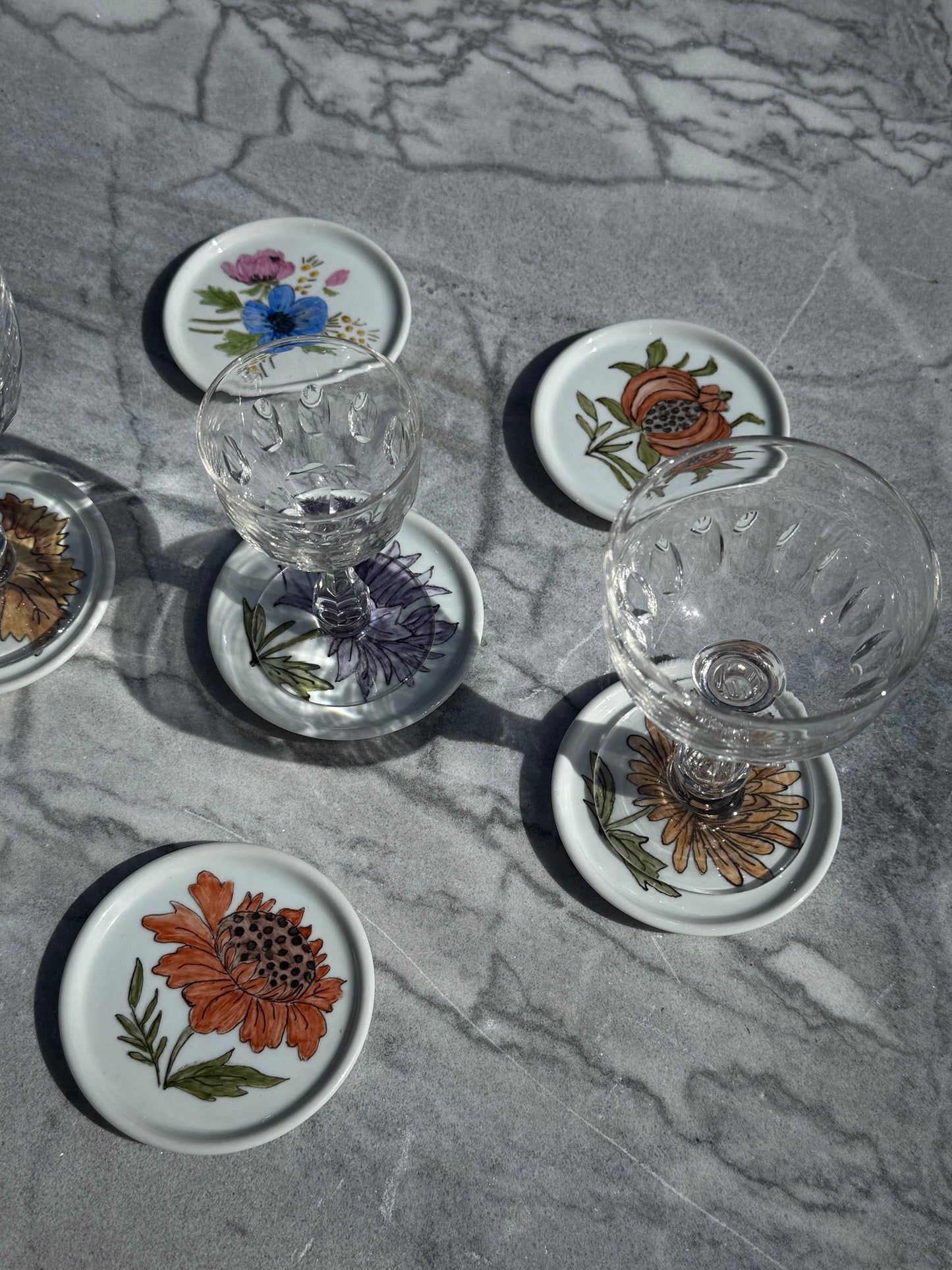Porcelain Coasters with Hand Painted Floral Motifs Set of 6