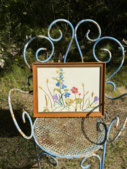 Vintage Framed Hand Embroidered Wildflowers