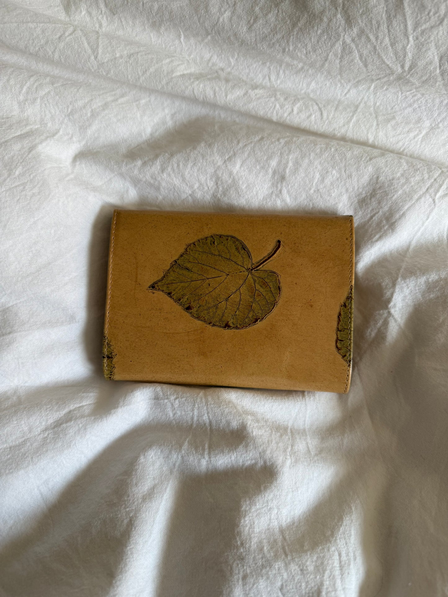 Vintage Leather Shoulder Bag and Matching Wallet with Pressed Leaves