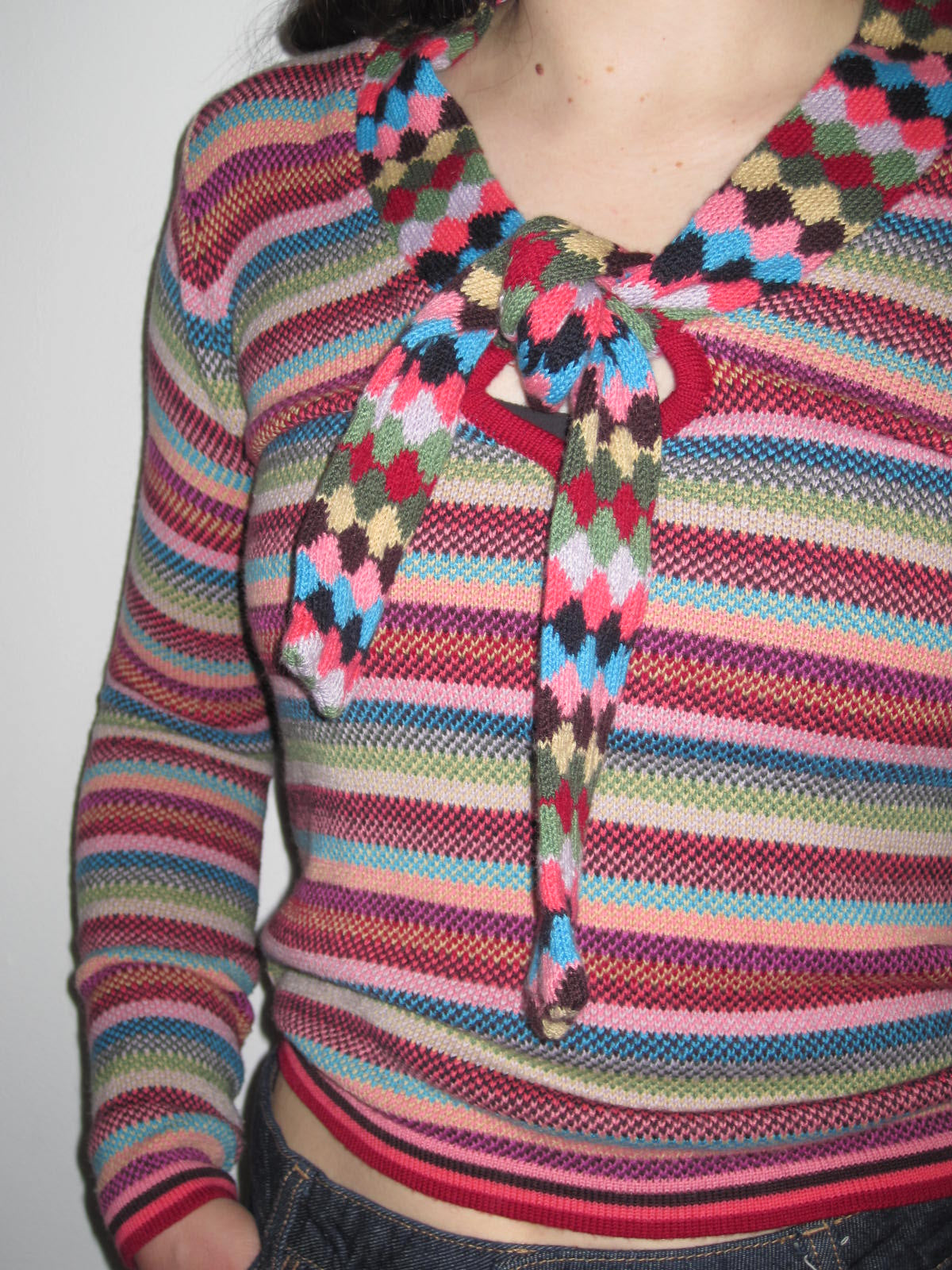 Vintage Rare Cacharel Rainbow Stripe Wool Blend Knit Top With Diamond Tie Scarf Detail