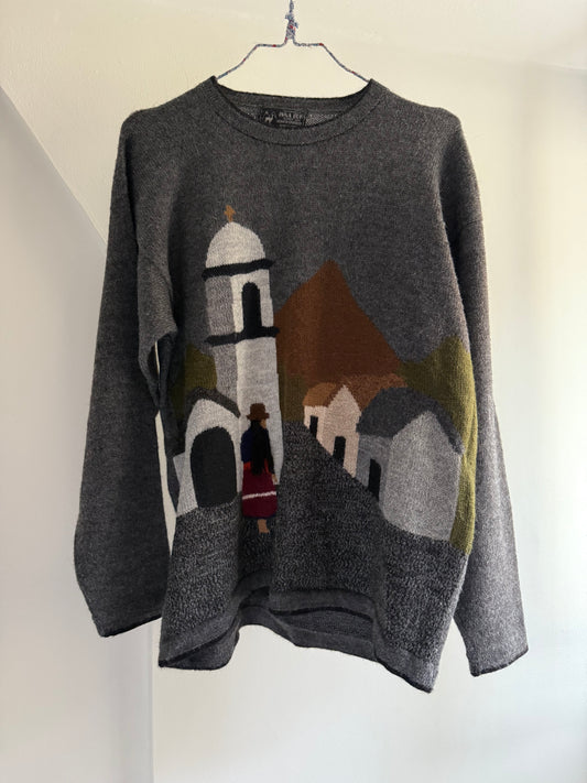 Vintage Alpaca Peru Sweater with Church Pattern