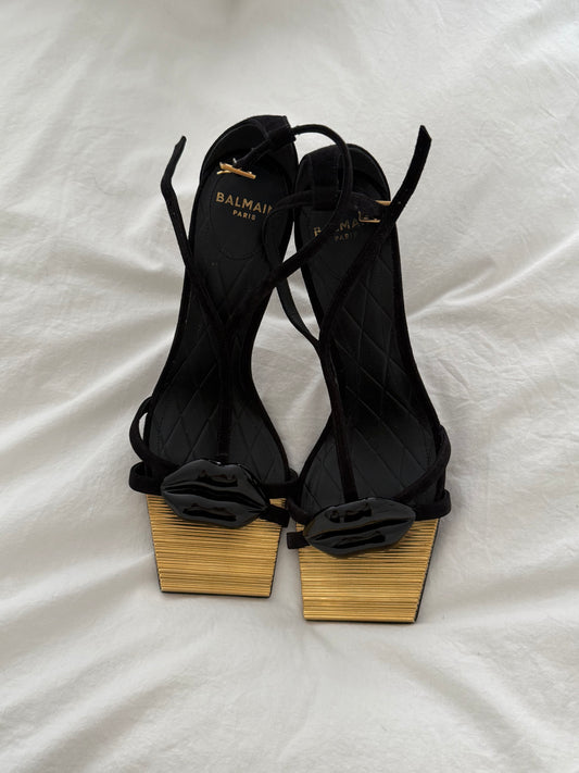 Balmain Black and Gold Lip Sandals