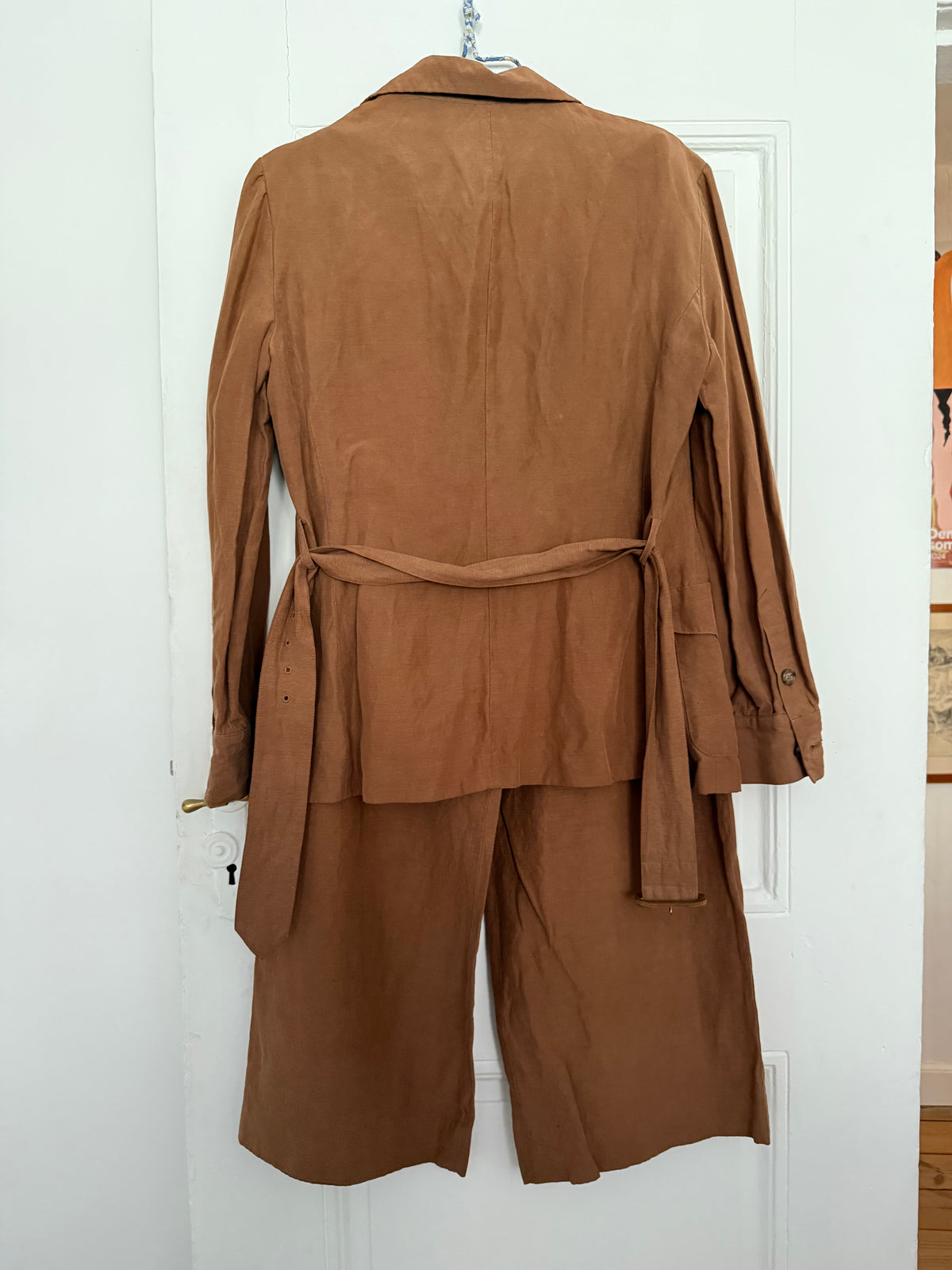 Vintage Ralph Lauren Cinnamon Silk and Linen Blazer and Wide Leg Trousers Set