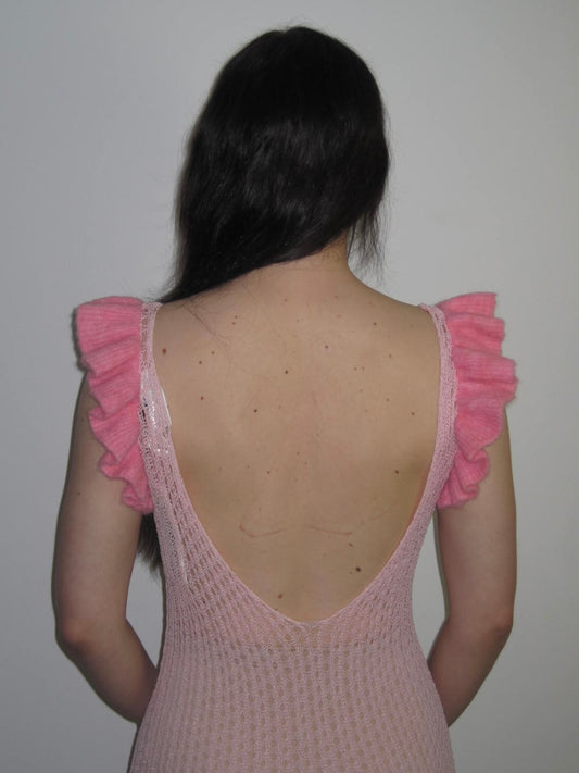Rotate Pink Open Back Mermaid Crochet Maxi Dress With Ruffle Trim